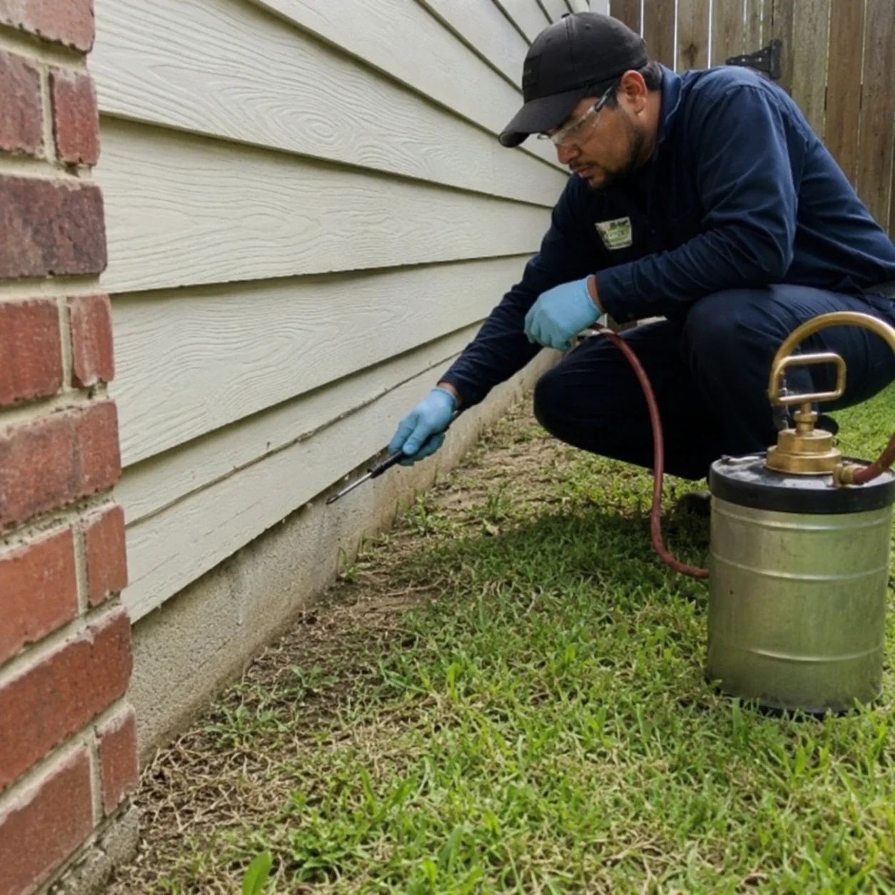 Professional pest control technician treating a home foundation in Clearwater, FL
